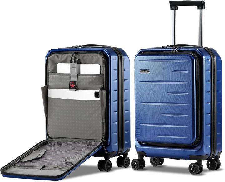 Black hardshell carry-on with expandable capacity, spinner wheels, and a built-in TSA lock.