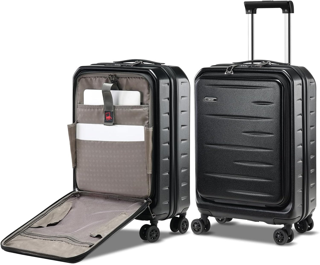 Unisex 20-inch hardshell carry-on with front laptop pocket & TSA combination lock.