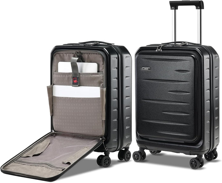 Unisex 20-inch hardshell carry-on with front laptop pocket & TSA combination lock.