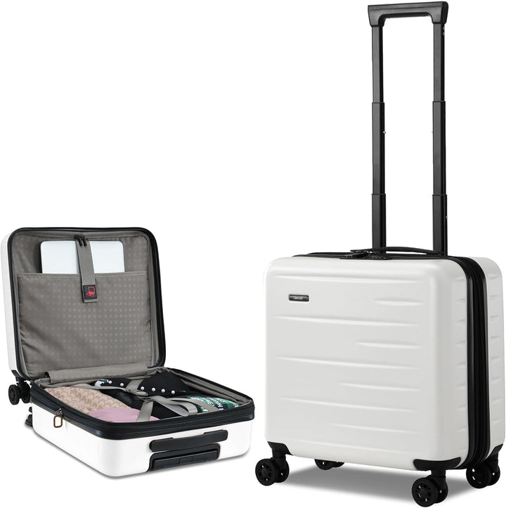 Front view of a sleek black hardshell carry-on with a functional front access pocket.