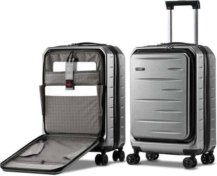 Side view of an expandable hardshell carry-on, illustrating its compact yet spacious design.