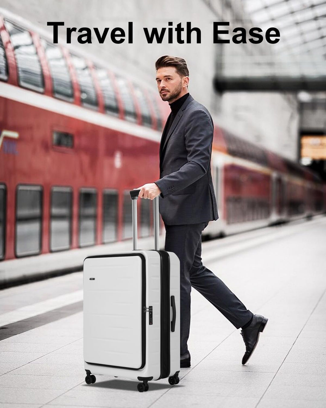 Durable expandable carry-on, hardshell, with front pocket, TSA lock & multi-directional wheels.