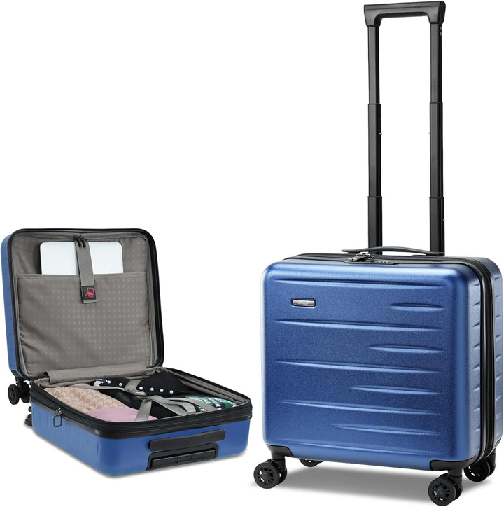 Expandable hardshell carry-on, front pocket, TSA lock, ideal durable luggage for unisex travel.
