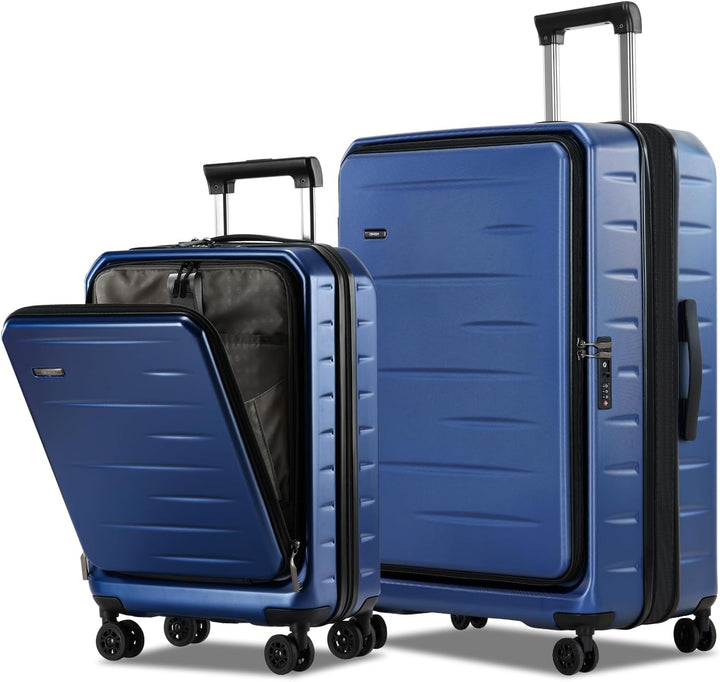 Hardshell carry-on with expandable feature, front pocket, TSA lock, for modern unisex travelers.