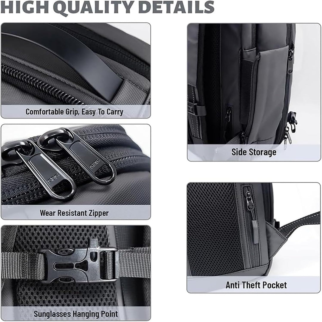 Compression travel backpack with wet compartment & anti-theft security, black oxford cloth