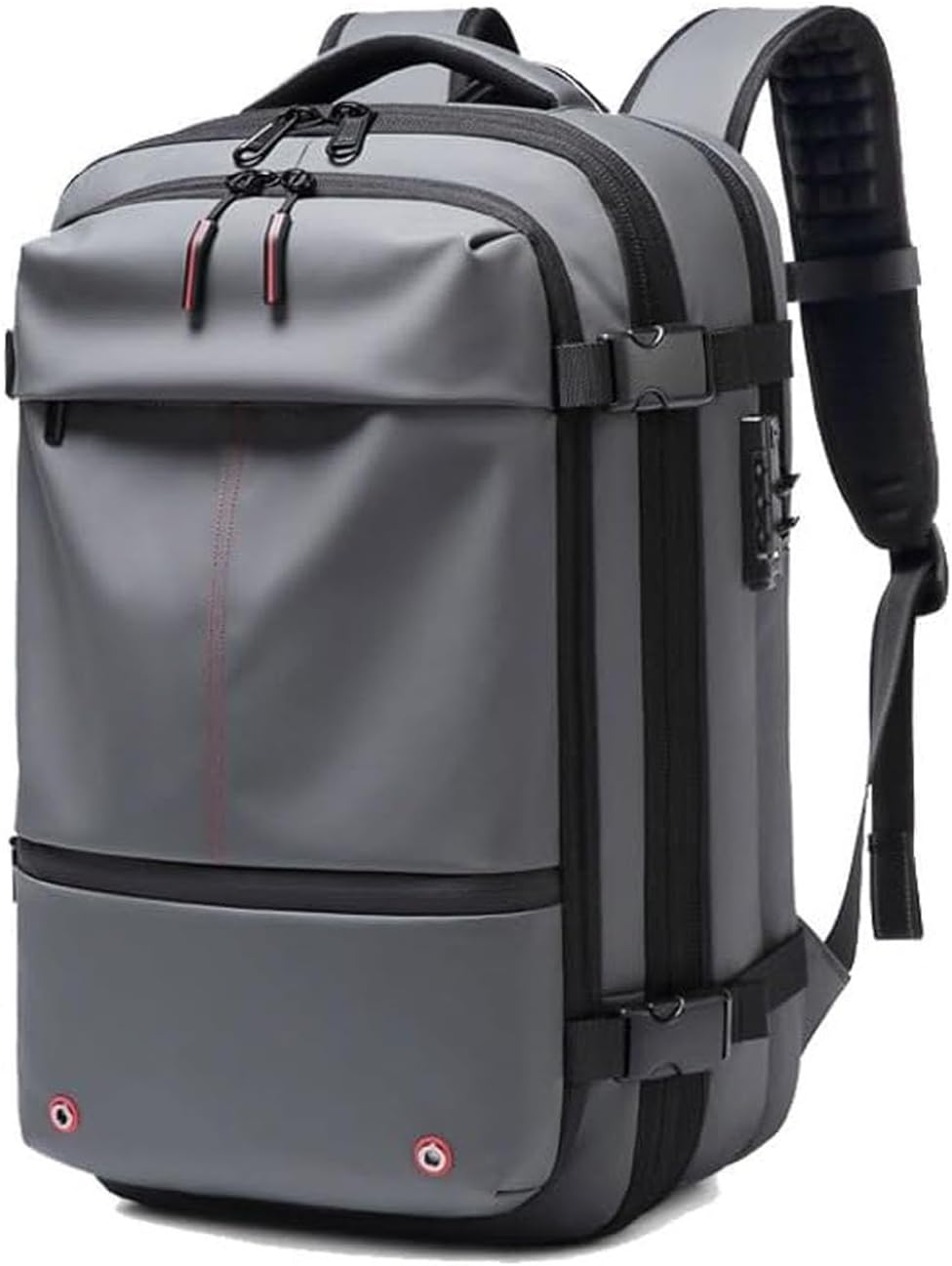 Black unisex commuter backpack featuring an anti-theft lock and wet/dry compartment
