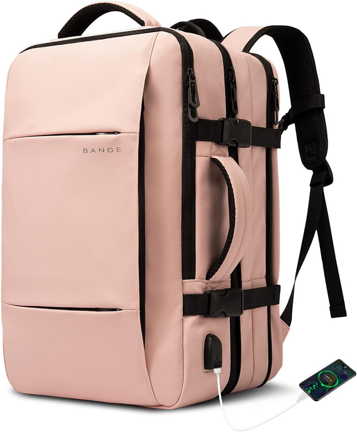 Side view of the waterproof travel backpack, showing its expandable design.