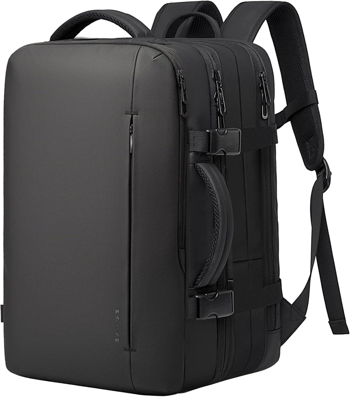 Traveler wearing the unisex expandable duffle backpack, ready for the airport.