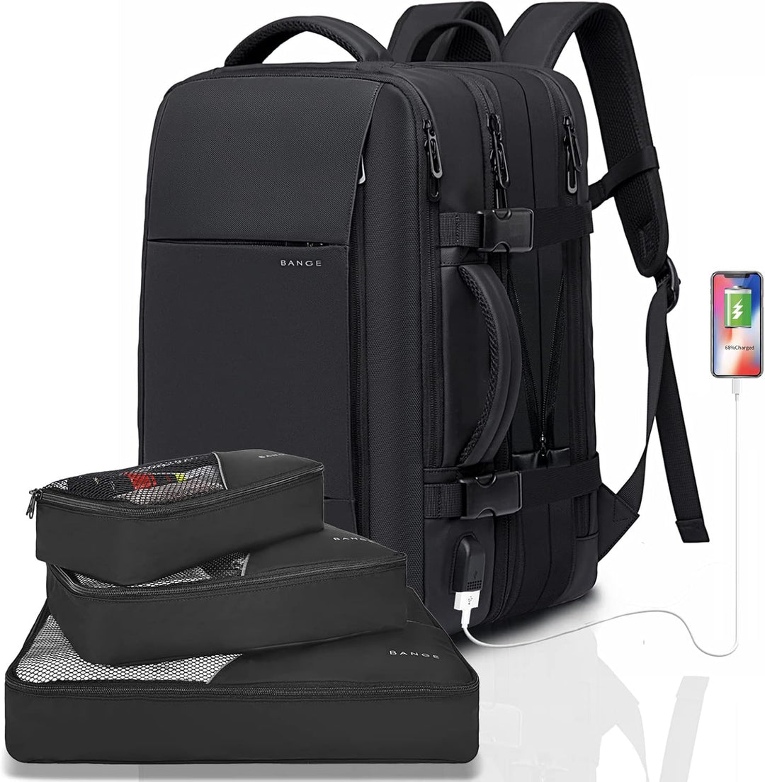 Unisex carry-on travel backpack, meeting airline size limits even when expanded.
