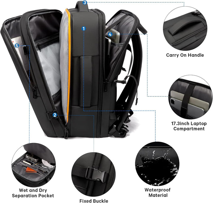 Modern black travel duffle backpack, featuring a dedicated laptop compartment.