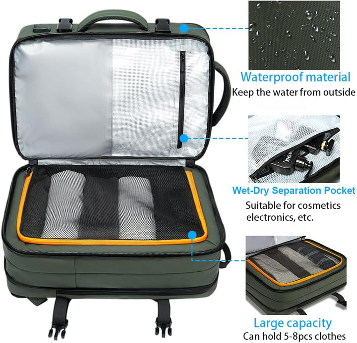 Black travel backpack, showcasing its robust construction and clean design.