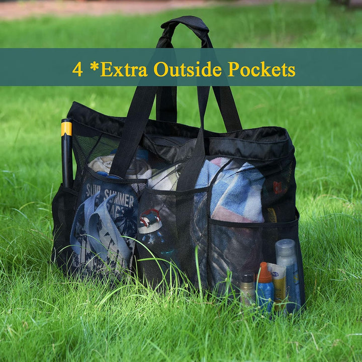 Lightweight extra-large mesh beach bag, a versatile travel tote for men and women, sand falls right through.