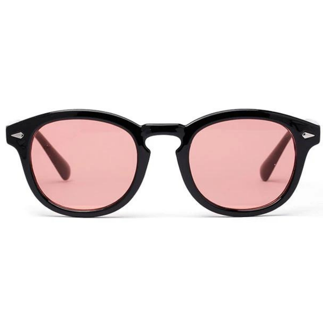 Close-up of trendy unisex sunglasses, dark tinted lenses offer UV protection. Fashionable eyewear.