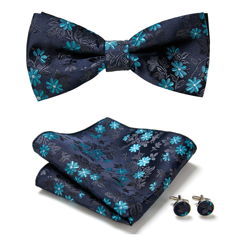 Men's floral pattern bow tie set with pocket square and cufflinks, adds a touch of sophistication to any outfit.