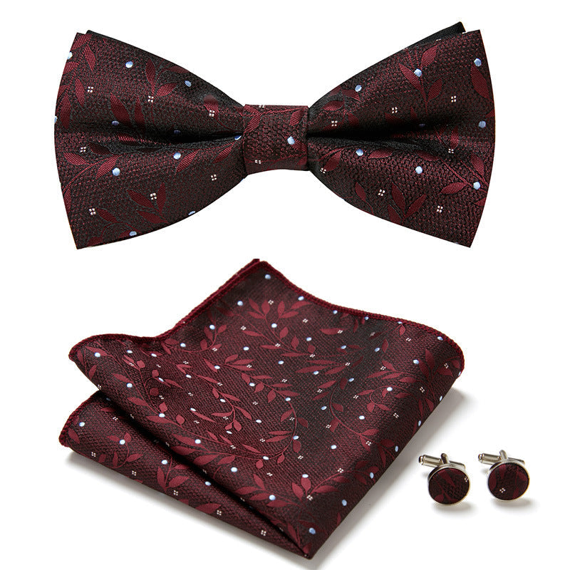 Floral bow tie gift set with pocket square and cufflinks, suitable for unisex fashion and party accessories.