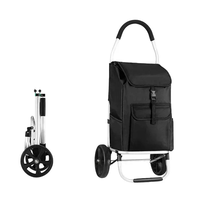 Foldable aluminum shopping trolley, CarryEase, compact design for easy storage and transport of groceries