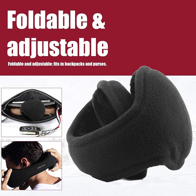 SnugMuffs ear warmers, black fleece, foldable design, worn by person in winter