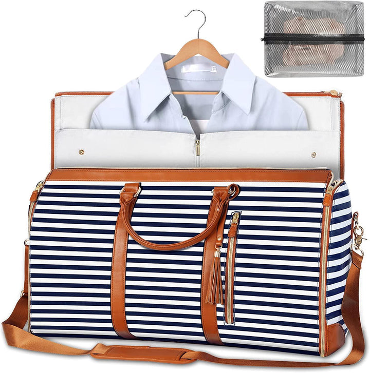 Open foldable garment bag showcasing suits & dresses, demonstrating wrinkle-free clothing storage for travel.