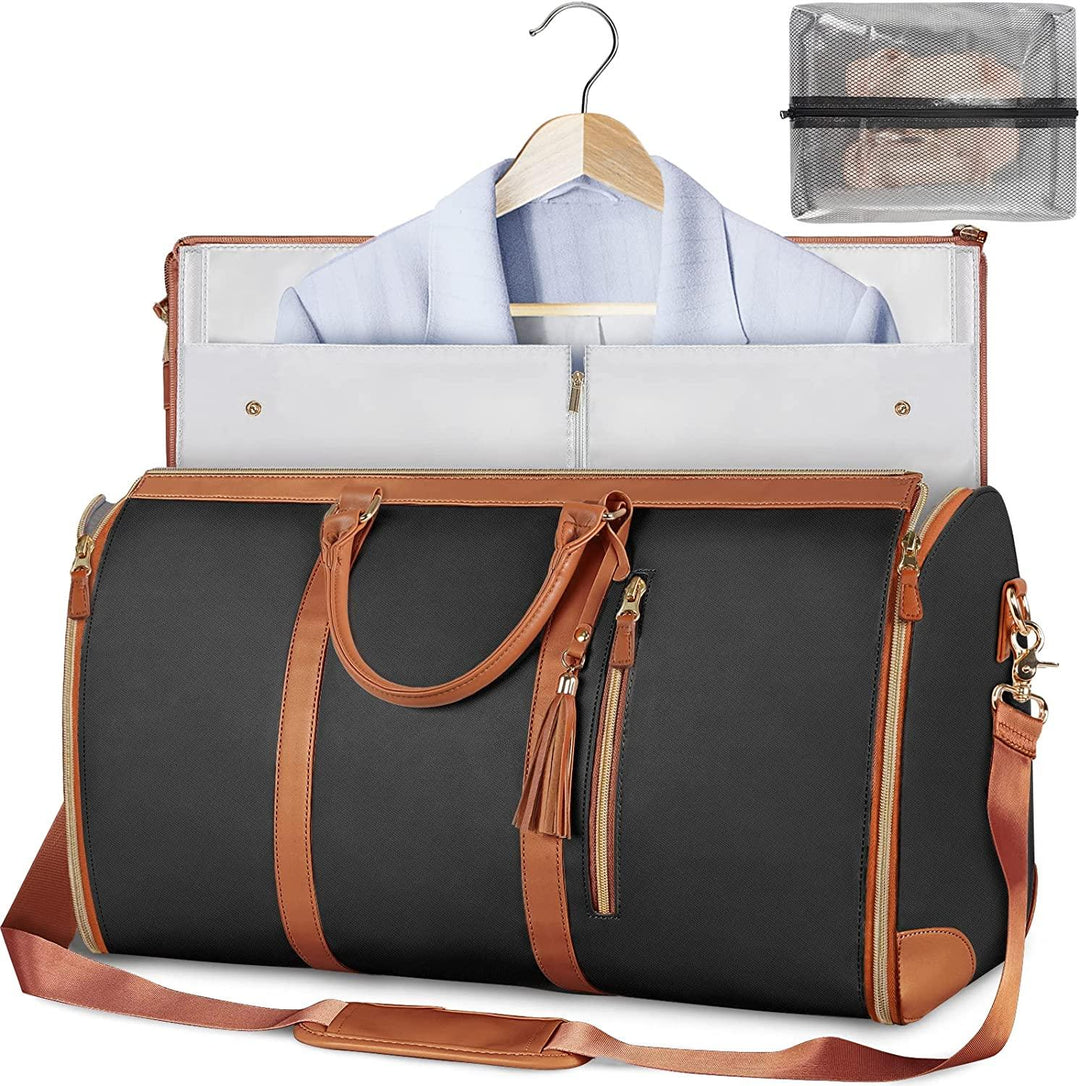 Clever closet organizer & travel accessory; foldable garment bag for wrinkle-free suits & dresses.