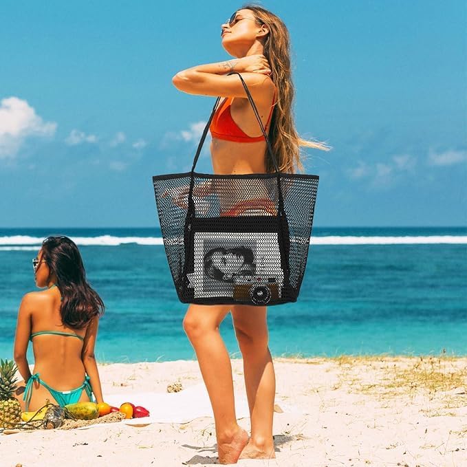 Unisex foldable mesh beach tote bag with inner pocket, perfect for sand-free travel & storage.
