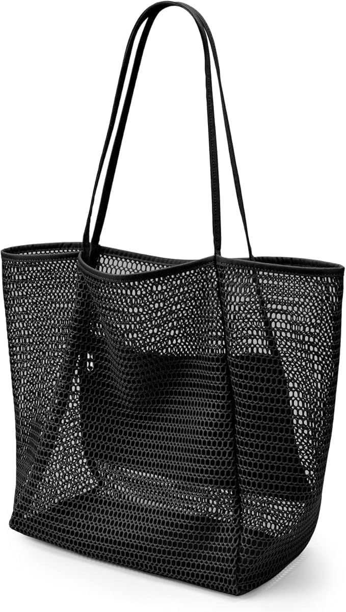 Lightweight foldable mesh beach tote bag, waterproof & sand-free, ideal for beach, gym, or travel.
