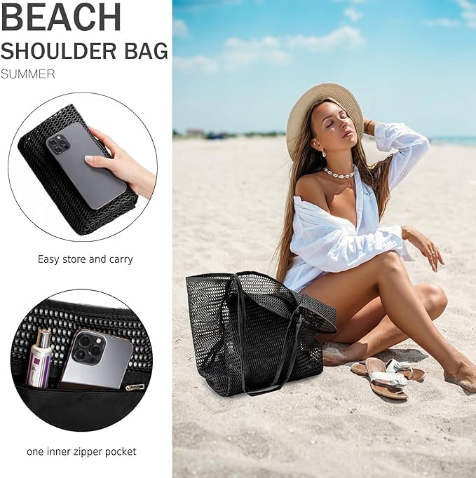 Lightweight unisex mesh tote bag, foldable, with inner pocket, ideal for beach trips