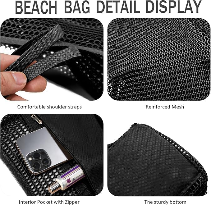 Durable mesh beach tote bag, waterproof & quick-drying. Features a secure inner pocket for valuables.