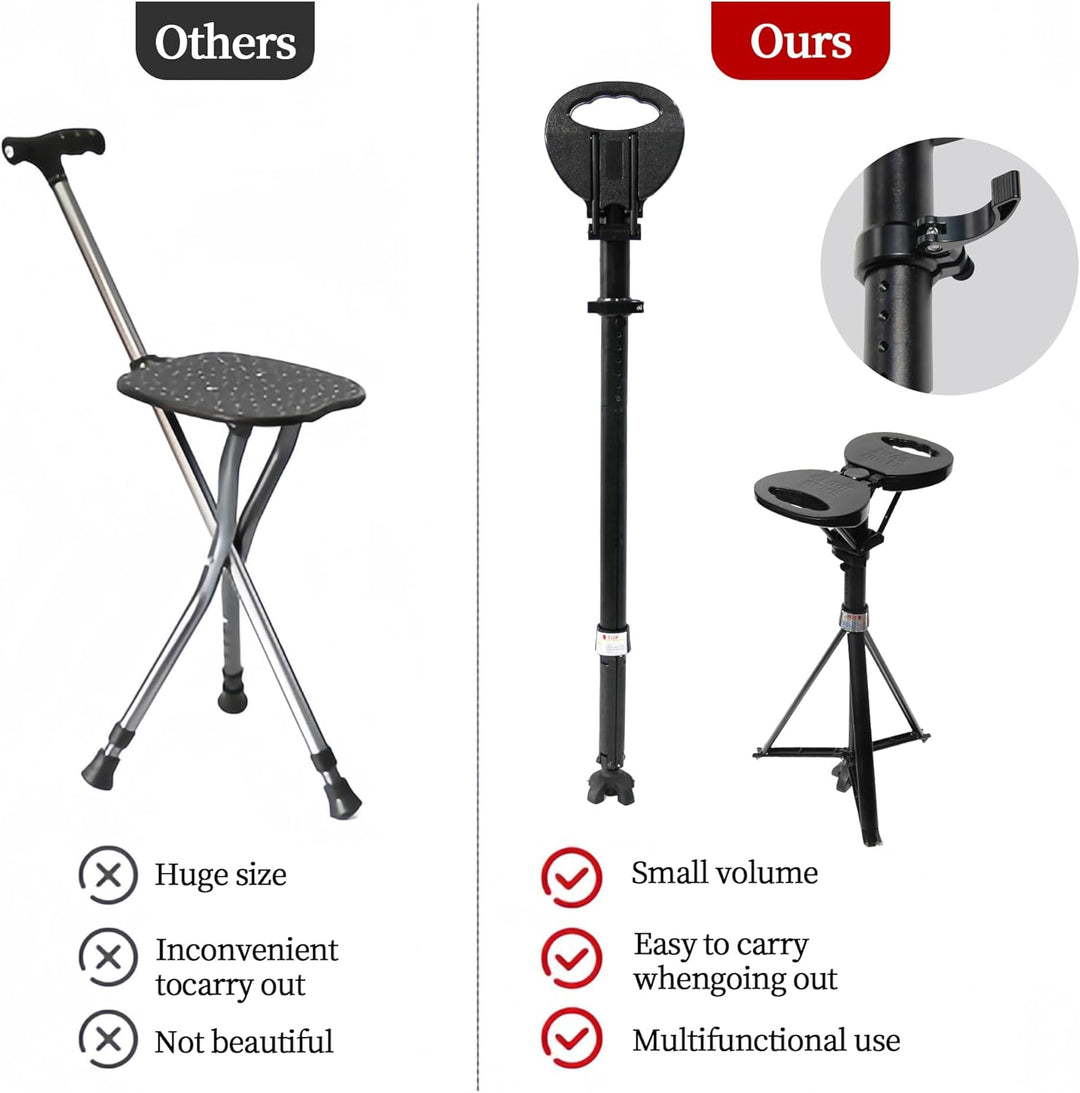 StepMate adjustable height foldable cane with seat for comfortable breaks during walks