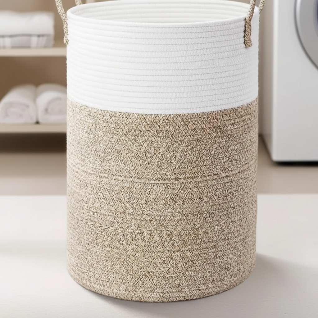 Stylish folding round laundry basket in cotton, enhancing home decor and providing practical storage