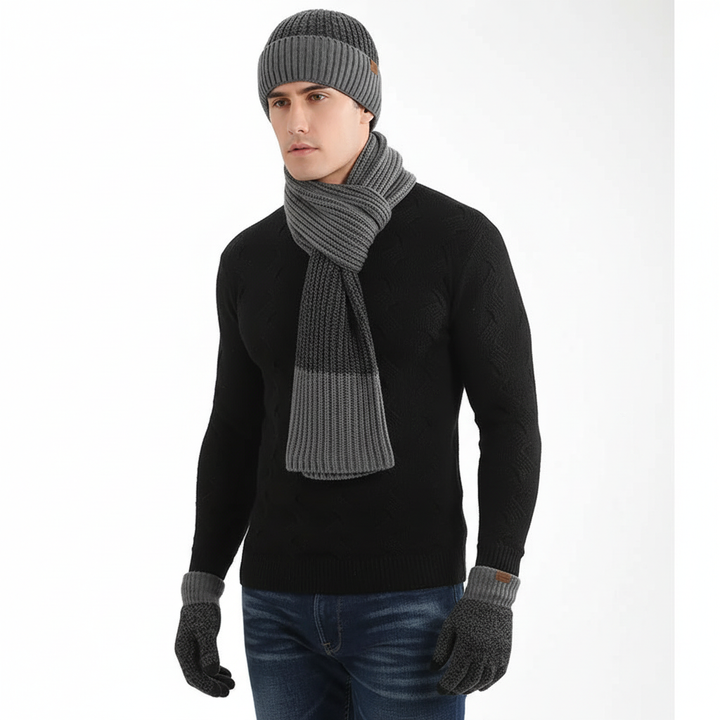 Full view of the unisex Frostique knitted winter accessories set: hat, scarf, and gloves on a white background.