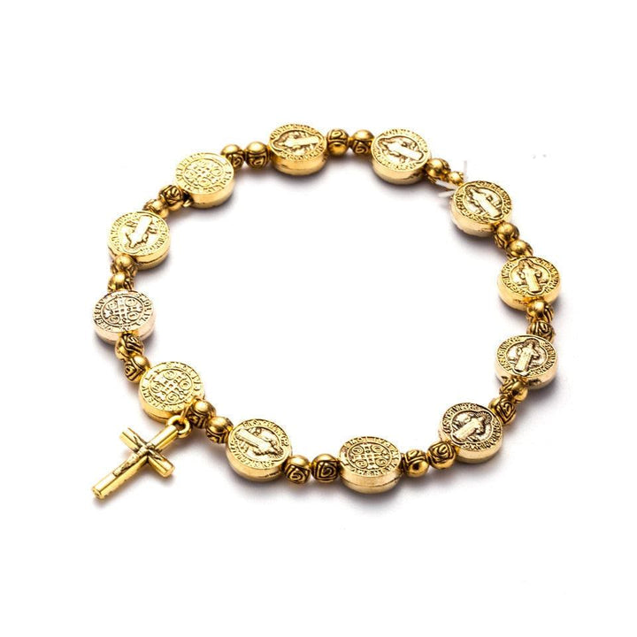 Metal Christian cross bracelet in gold & silver tones, an adjustable unisex religious jewelry piece.