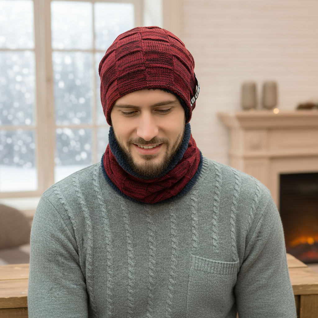 Unisex gray knit hat and scarf set, perfect for warm winter fashion and cold weather gear.