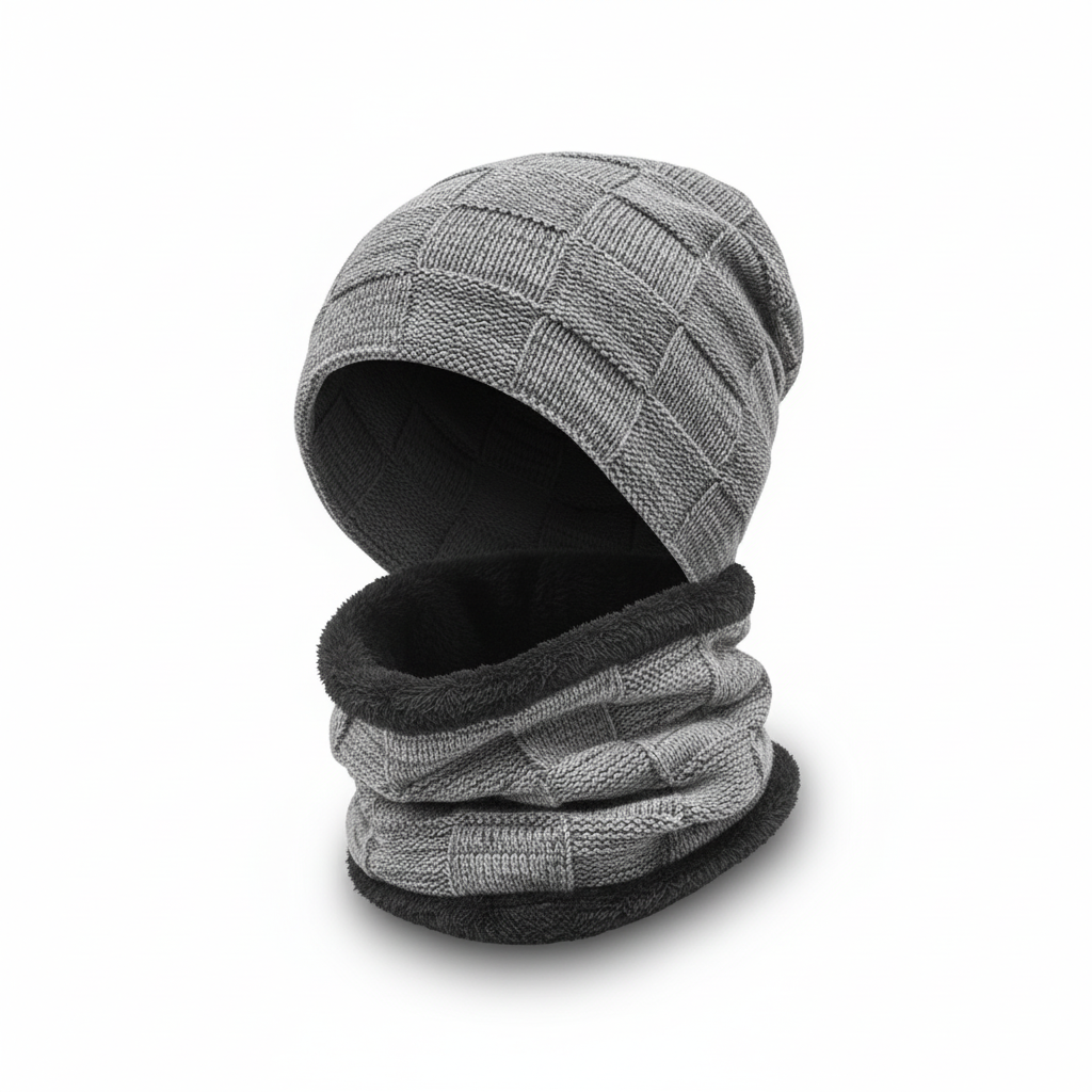 Beige knit hat and scarf combo, essential winter accessories for men and women.
