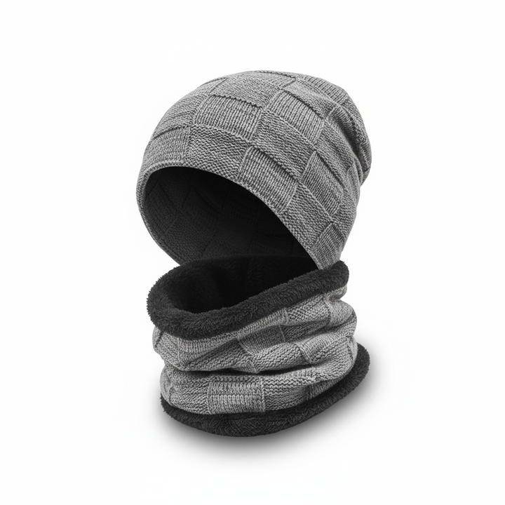 Beige knit hat and scarf combo, essential winter accessories for men and women.