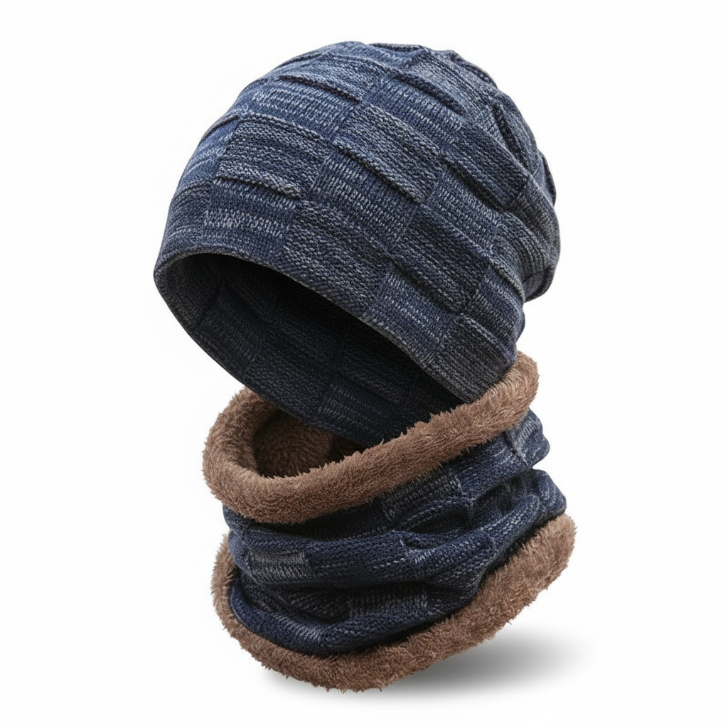 Detailed view of a thick knit winter hat and scarf set, emphasizing quality and warmth.