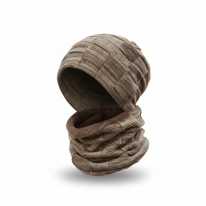Folded knit winter hat and scarf set, ready to be worn for ultimate warmth and comfort.