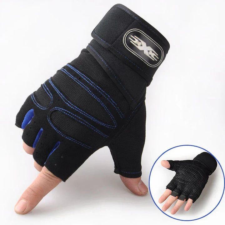 Heavy-duty lifting gloves, shock-proof, with adjustable wrist support for strength.