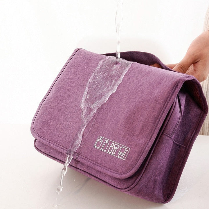 Unisex travel makeup bag, waterproof, hanging for convenience in hotel bathrooms.