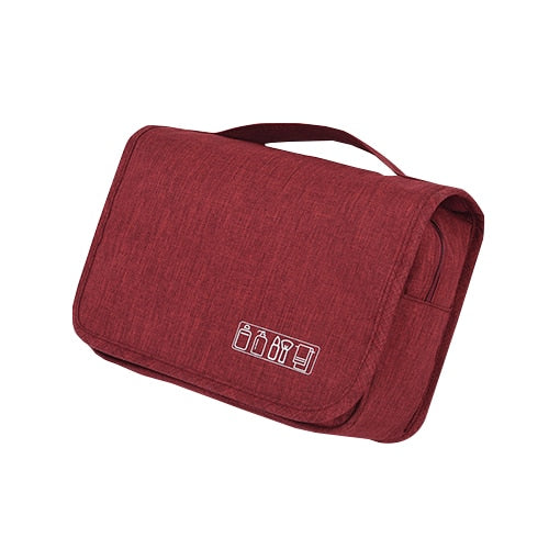 Compact hanging travel bag for cosmetics & toiletries, waterproof & highly organized.