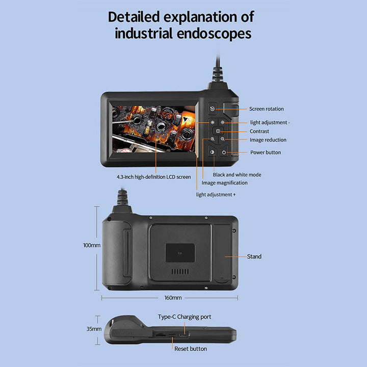 Flexible borescope camera head of the HD inspection tool, ready for tight space exploration.