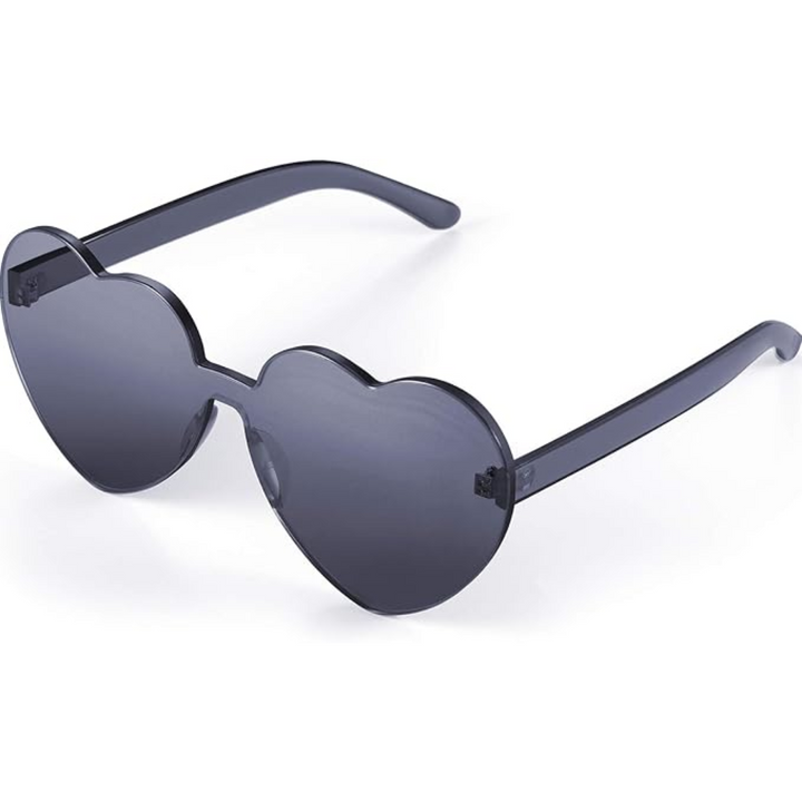 Close-up of transparent rimless heart-shaped lenses, showcasing the unique design of these sunglasses.