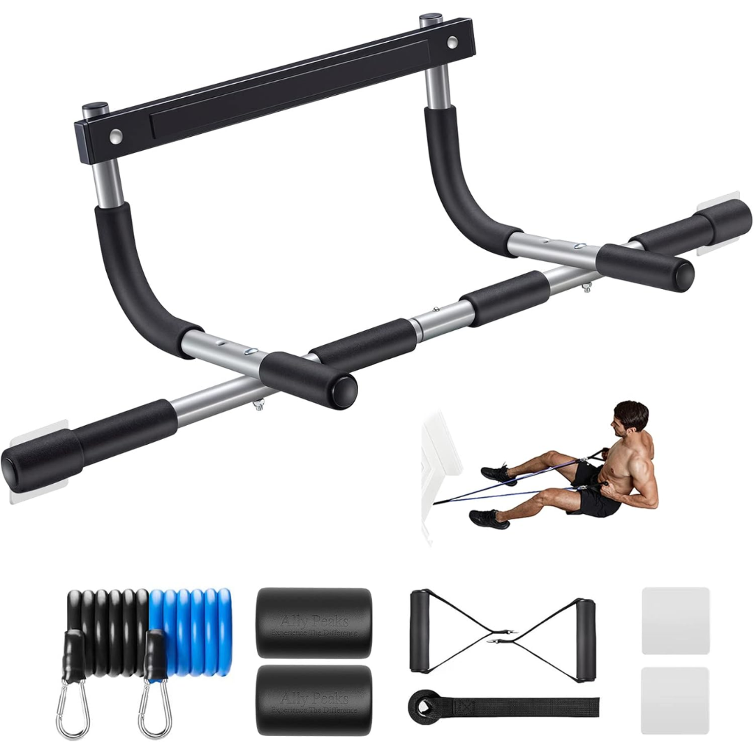Robust doorframe pull-up bar with 440 lb capacity for chin-ups and bodyweight exercises. Fitness equipment.