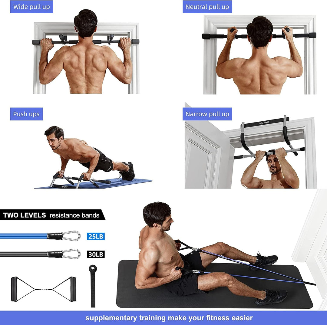 Portable door frame workout bar for home gyms, builds upper body and core strength. Unisex design.