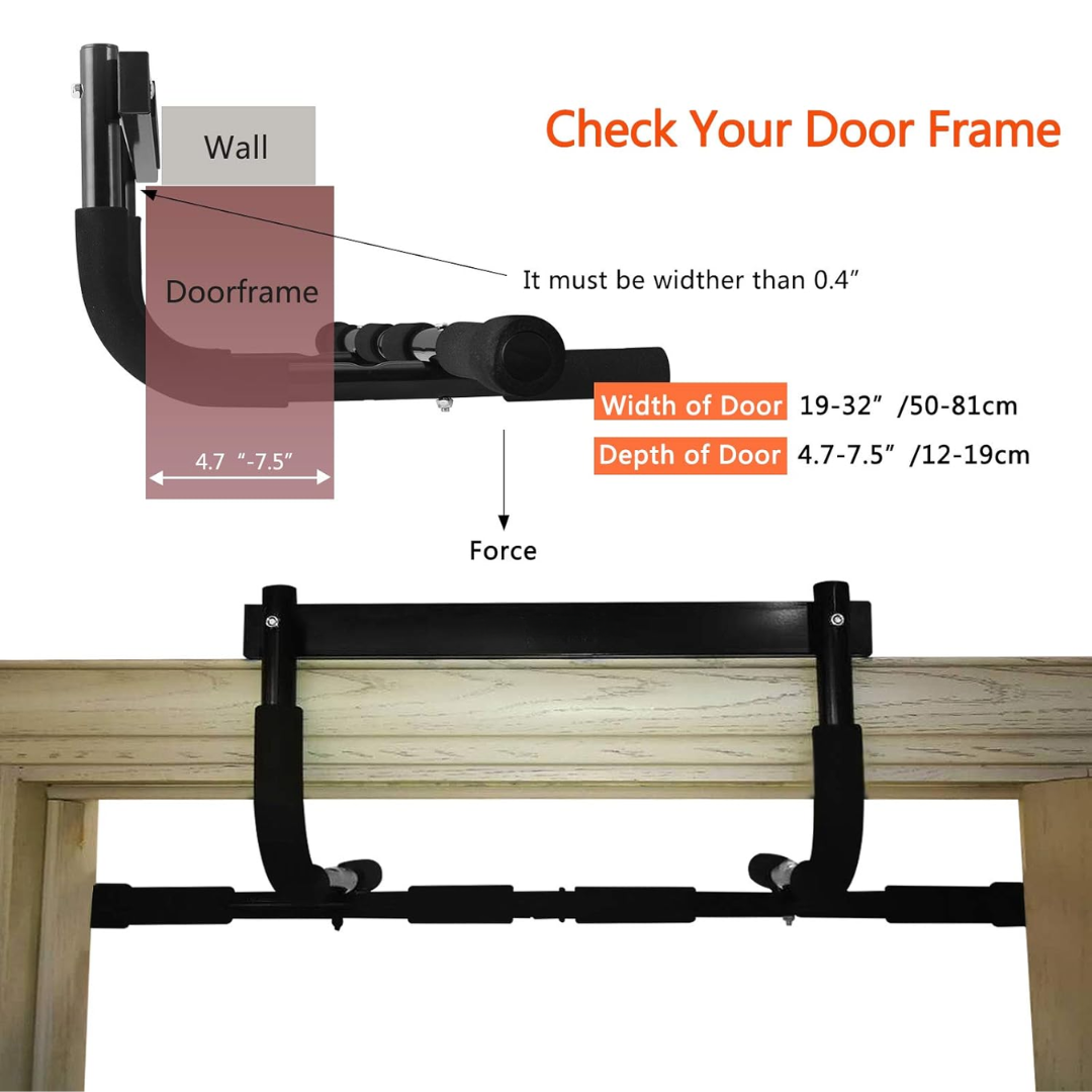 Heavy-duty exercise pull-up bar, fits door frames for chin-ups and bodyweight fitness. 440 lb capacity.