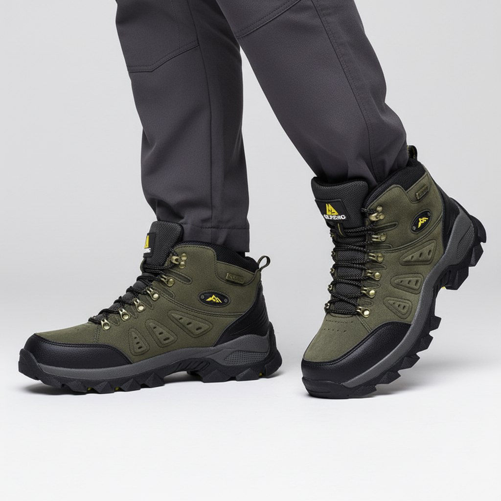 Waterproof hiking boots featuring a high ankle, designed for superior traction and rugged trails.