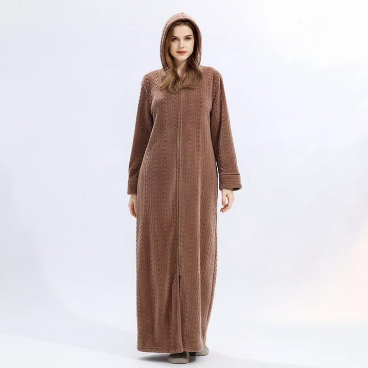 Folded HugGown hooded flannel bathrobe, showcasing the fabric texture and zipper detail