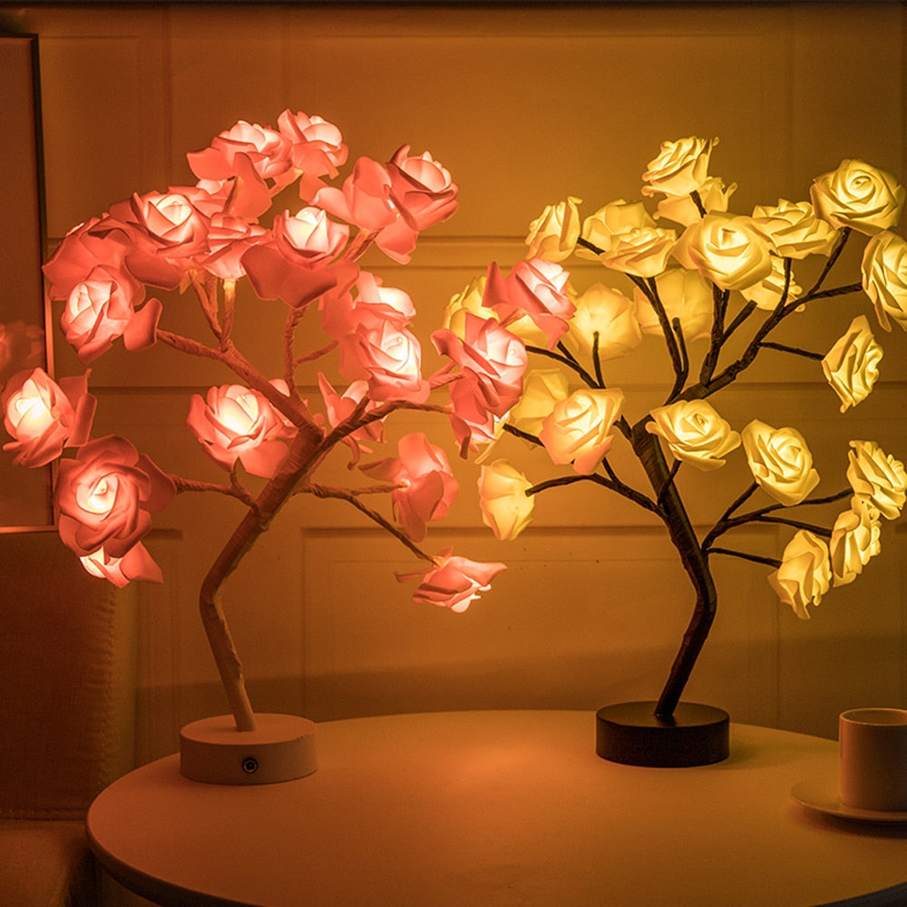 Unisex Illuminated Rose Tree Lamp, LED, flexible branches, romantic decor for home accent.