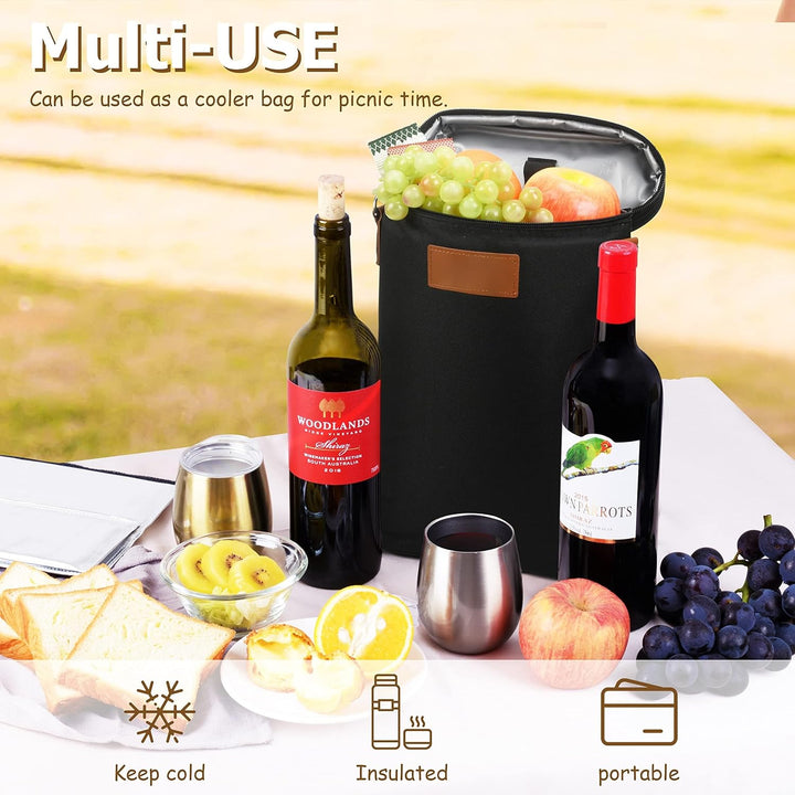 Open insulated wine bottle carrier revealing two padded compartments for secure transport of beverages.