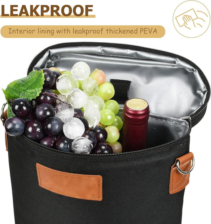 Person carrying a sleek black insulated wine carrier bag, ideal for travel, picnics & events. Unisex bottle tote.