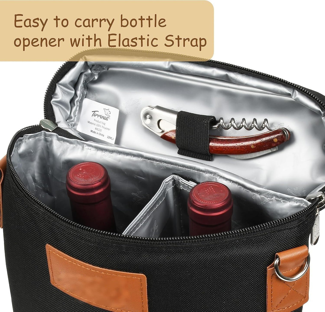 Stylish unisex insulated wine bag, a perfect gift for wine lovers & travel enthusiasts. Dual bottle tote cooler.